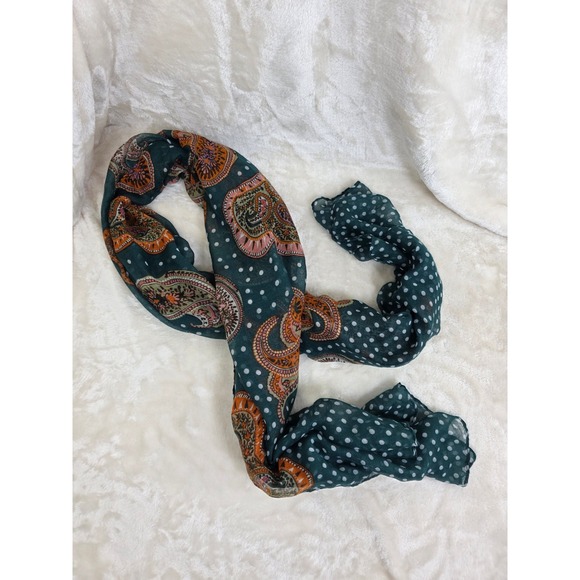 Accessories - Mixed Print Paisley Polka Dot Scarf Teal Orange Lightweight Sheer Rectangle